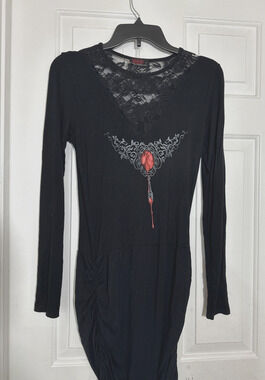 SPIRAL Direct Black Tribal Rose Body Con Dress Gothic Alternative Lace Rocker S